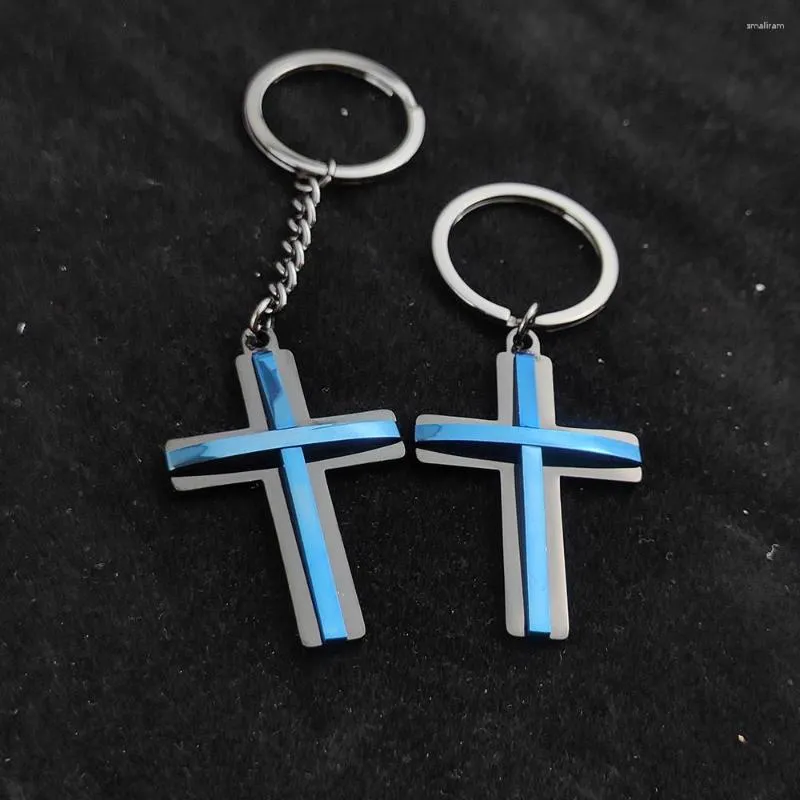 Keychains Classic Crucifix Pendant Mens Keychain Personality Creative Double Layer Blue Color Cross Key Ring Christian Believers Jewelry
