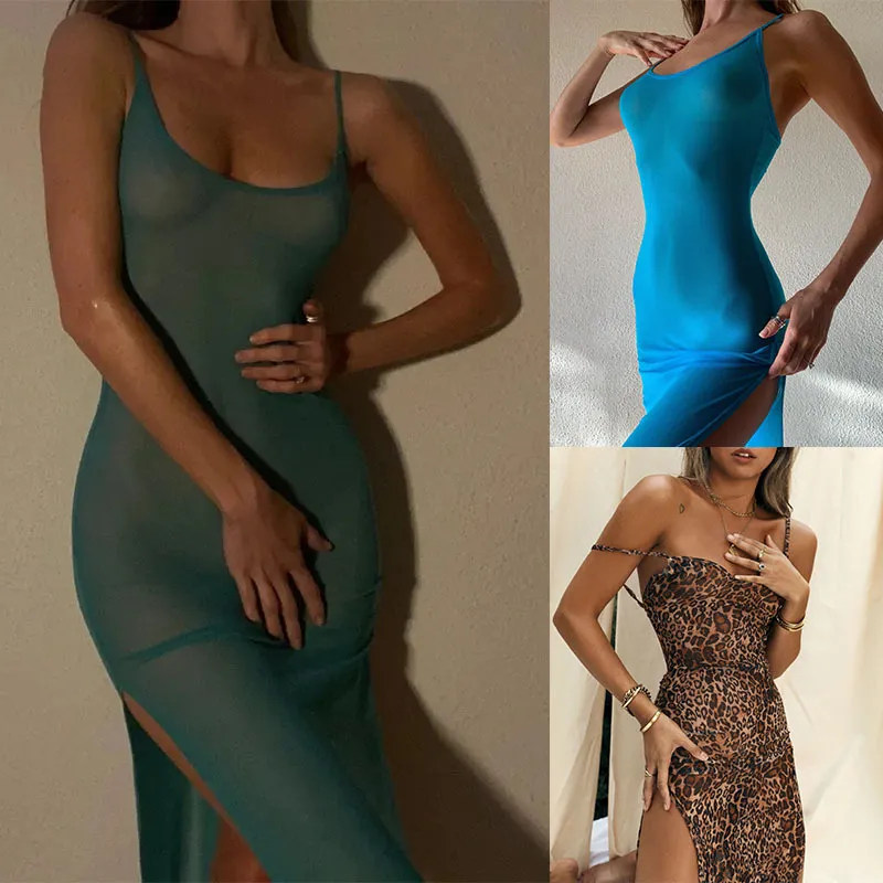 Casual klänningar se genom nätet långa maxi klänningar kvinnor sexig rem hög delad klubbfest strand sommaren backless vestidos