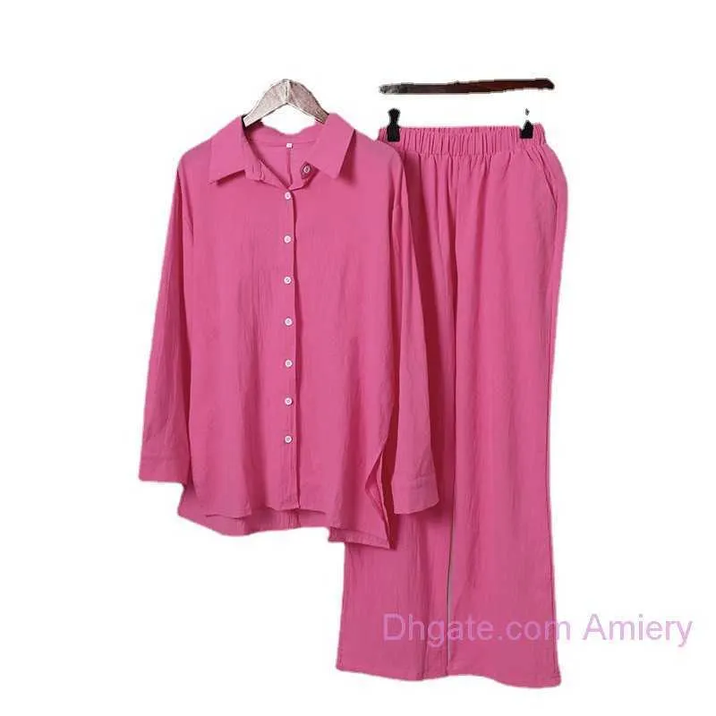 Roupas femininas plus size linho algodão conjunto de duas peças agasalhos camisa feminina manga longa lapela calças elásticas blusas soltas roupas 4xl 5xl