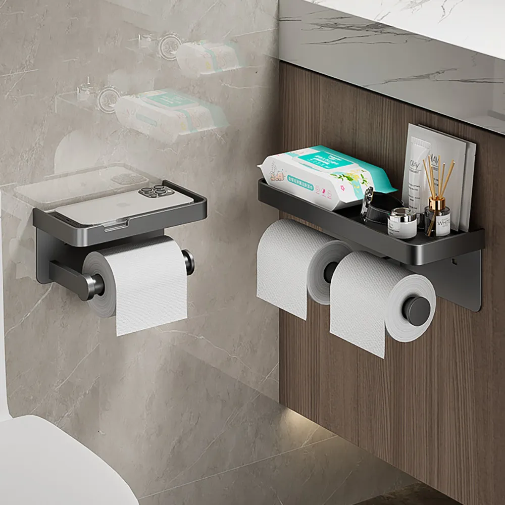 Suportes de papel higiênico grande suporte de papel higiênico suporte de rolo de papel montado na parede com bandeja de armazenamento organizador de toalete suporte de telefone acessórios de banheiro 230629
