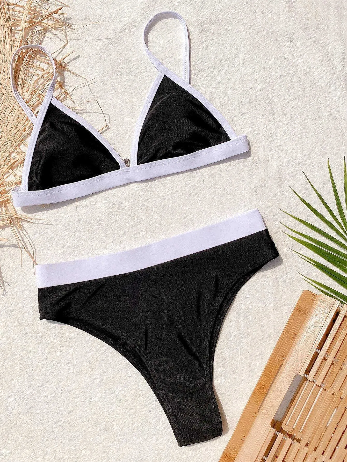 Women's Swimwear FASKOB Contrast Binding Triangle Bikini Swimsuit Women Two Piece Swimwear 2023 Bikini Set Summer Beachwear