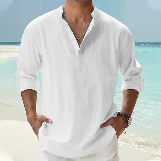 Chemise décontractée à manches longues et col en coton avec poche pour homme - Chemise respirante en lin pour homme, blanc, XL