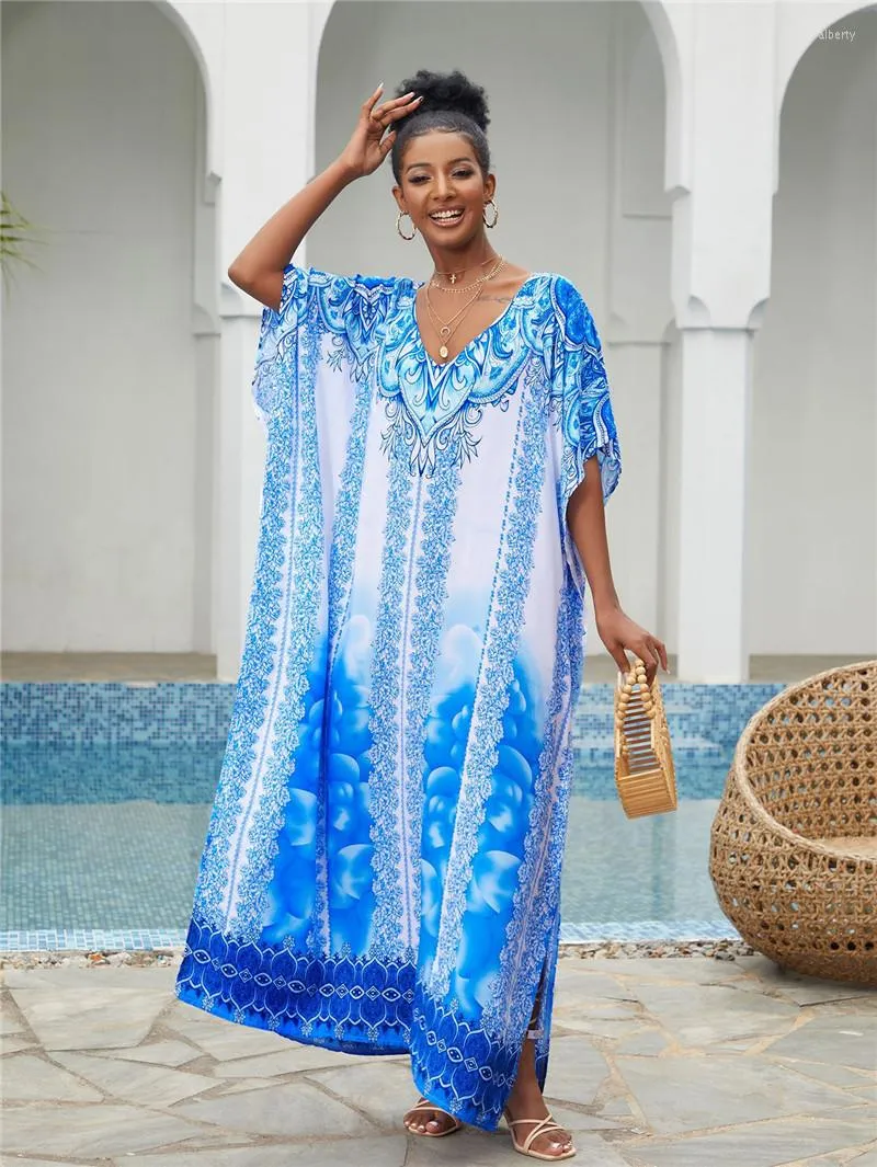 Kvinnors badkläder Blue Kaftan Beach Cover Up Summer Women Beachwear Cotton Tunic Oversize Bikini Cover-ups Robe de Plage Sarong