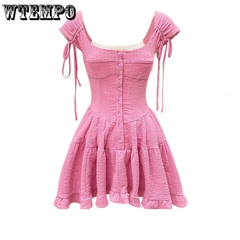 Grundlegende Freizeitkleider WTEMPO Rosa Kurzarmkleid Frühling und Sommer Solides, dünnes, atmungsaktives weißes Kleid mit quadratischem Ausschnitt 2023 Mode A-Linie Mini 230629