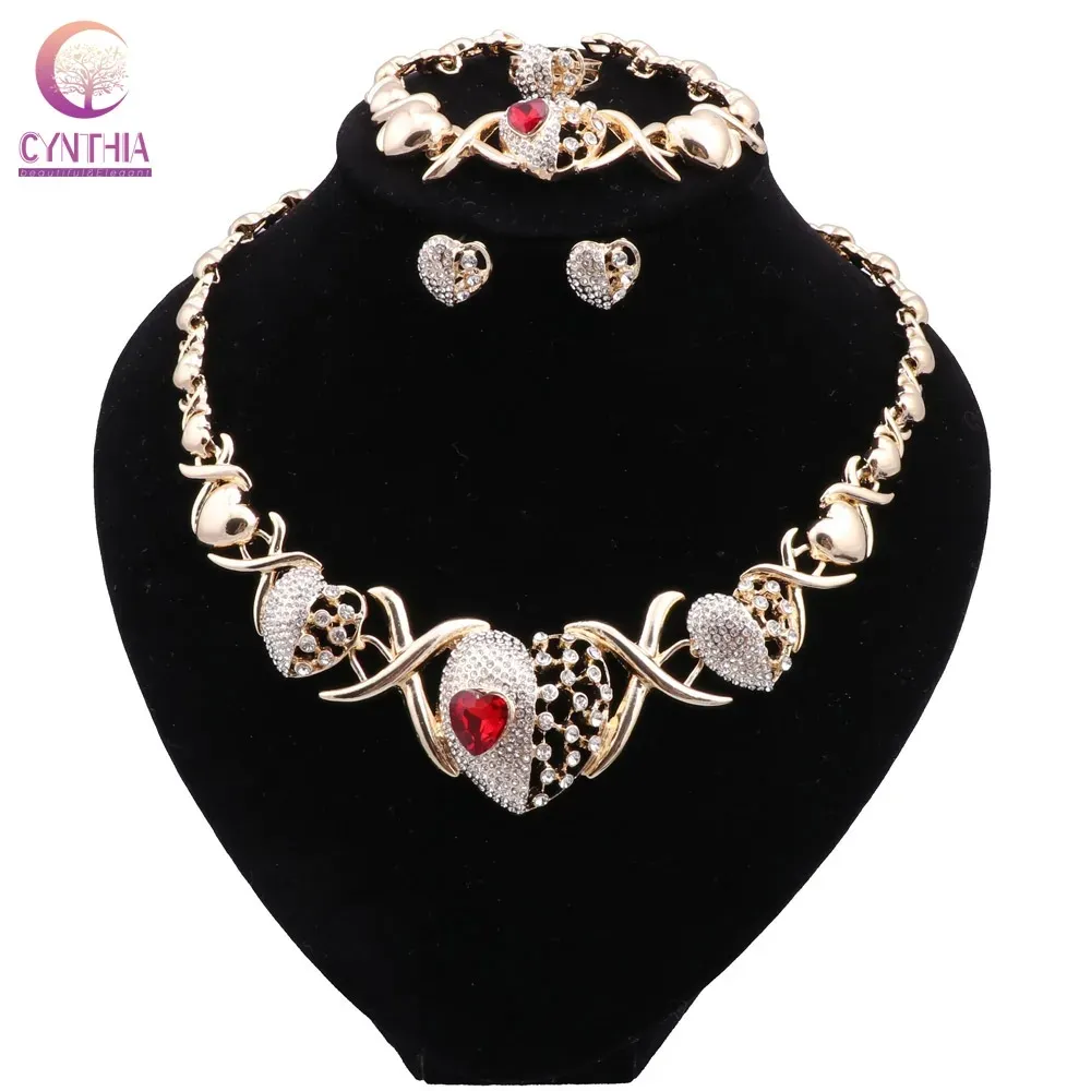 Rhinestone Heart-shaped Kiss Jewelry Set Wedding Red Gold Plated Jewelry Xoxo Necklace Ring Bracelet Earrings Set