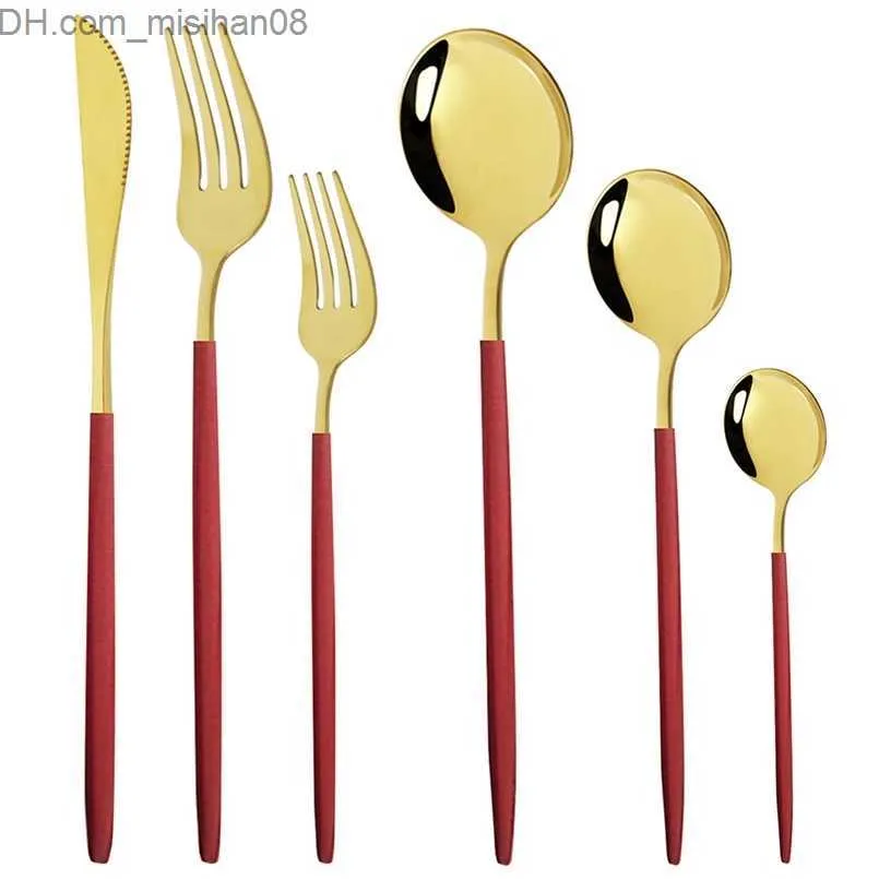 Dinnerware Sets 36Pcs/Set Red Gold Cutlery Stainless Steel Dinnerware Knife Fork Coffee Spoon Tableware Kitchen Dinner 210804 Z230630