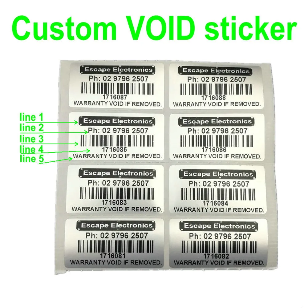Adesivos 500pcs Impressão personalizada à prova de adulteração Garantia de etiqueta VOID Serial SEM selos Pode fazer Francês Russo Língua Espanhola 230630