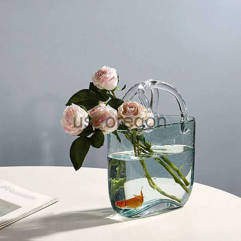 Vases Creativity Glass Bag Vase Shopping Basket Bubble Vase Desktop Storage Fruit Basket Modern Home Decoration Flower Arrangement x0630