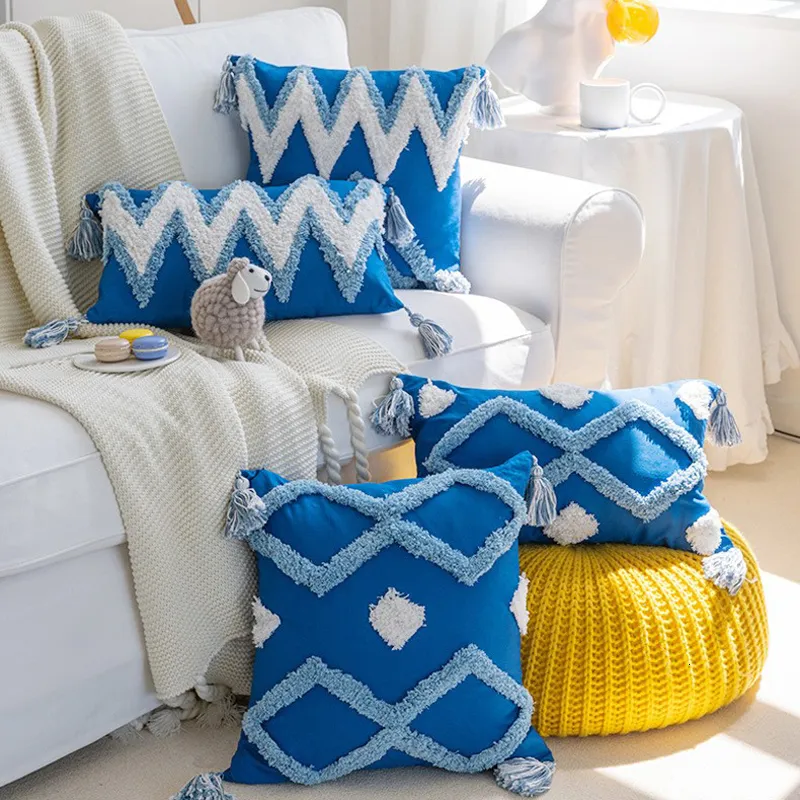 Pillow Case Navy Blue Cotton Throw Pillow Case 30x50/45x45cm Nordic Style Morocco Boho Tufted Cushion Cover Home Decoration XA 230629