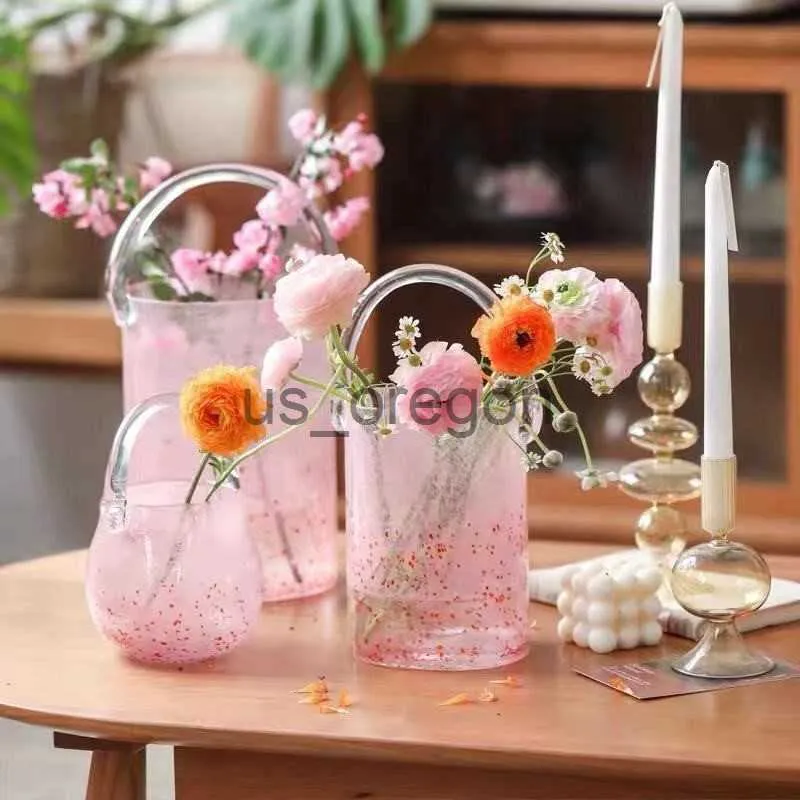 工芸品 Multi Glass Flower Vase (Pink) Pink Glass Handbag Vase | Creative Decor | Hydroponic Flower