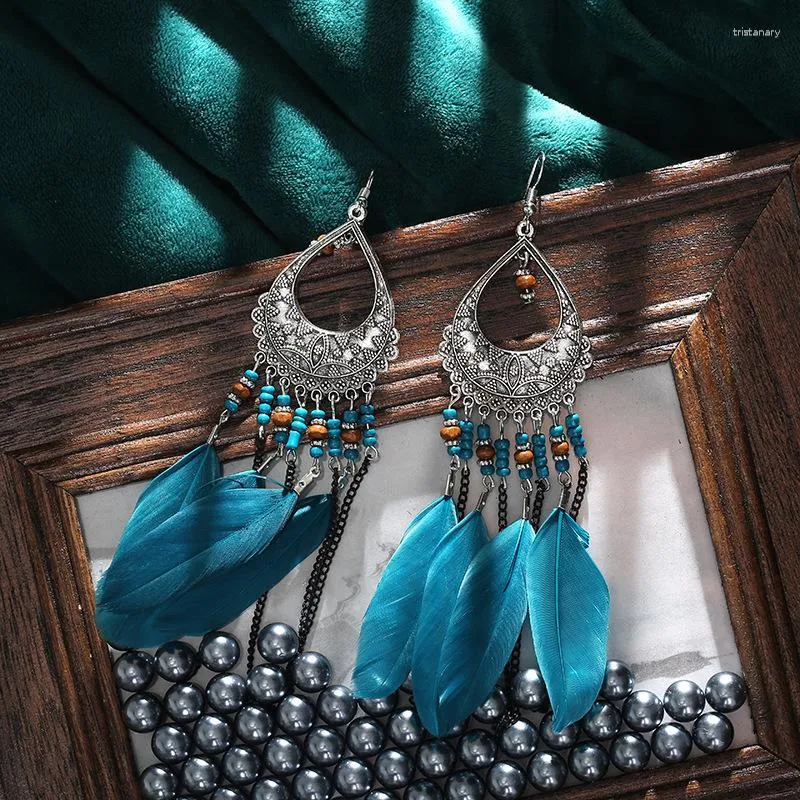 Dangle Earrings Summer Flower Alloy Blue Feather Ladies Beach Drop Wedding Bride Jewelry Oorbellen Hangers