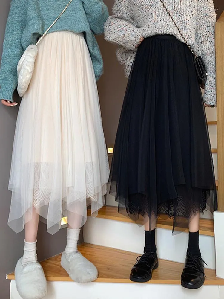 Womens High Waist Fairy Tulle Midi Skirt Autumn Winter Net Yarn