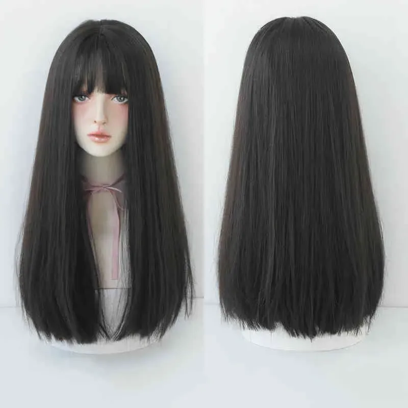 Cosplay Long Straight Black Synthetic Wigs Bangs Women African American Lolita Daily Party Heat Resistant Fibre VTMTB1924