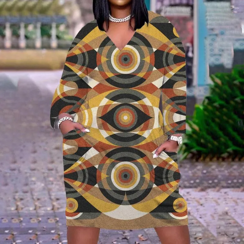 Casual Dresses Autumn Sexig flicka midi kvinnor Bohemian 3D Symmetrics Printing aftonklänning kvinnlig lös V-ringning festgata