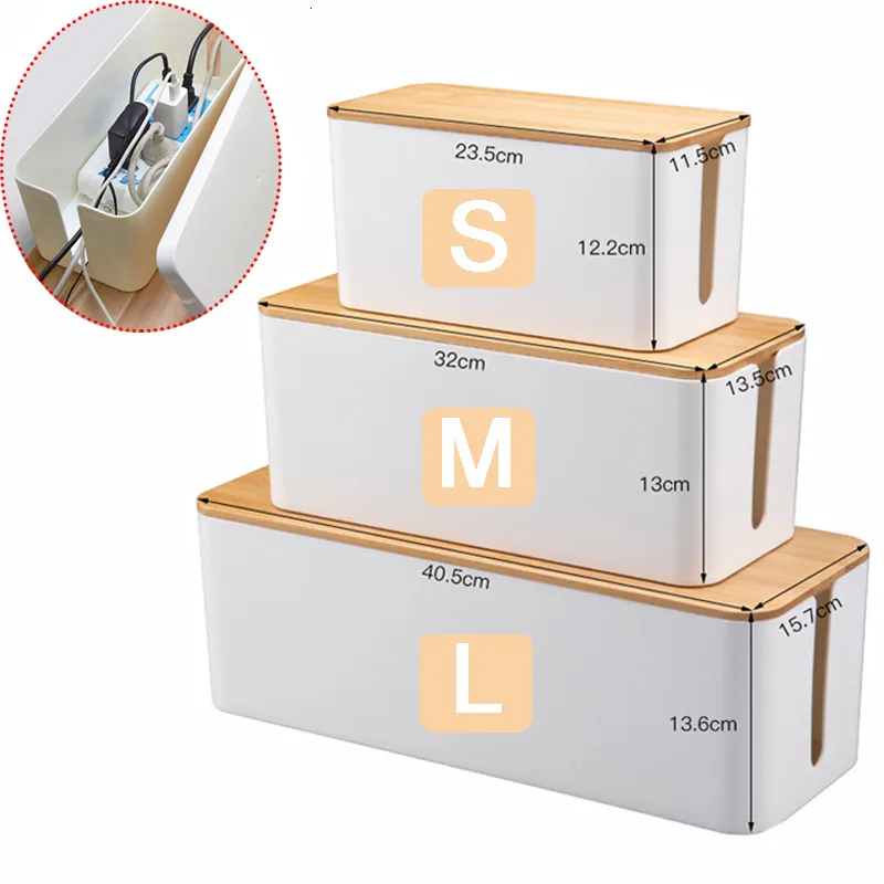 Storage Boxes Bins Cable Storage Box Wooden Power Line Wire Management Organizer Anti-Dust Power Strip Case Charger Socket Network Line Storage Bin 230629