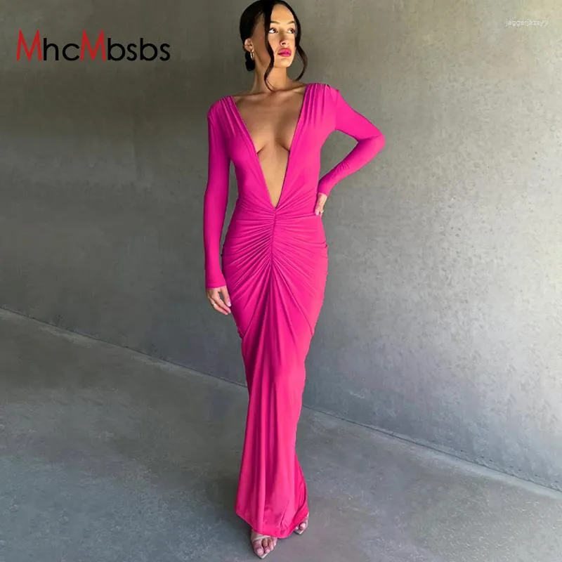 Casual Dresses Sexy Deep V-Neck Ruched Solid Maxi Dress Body-Shaping Long Sleeve Elegant Evening Party Vestido 2023 Summer Classic Prom Robe