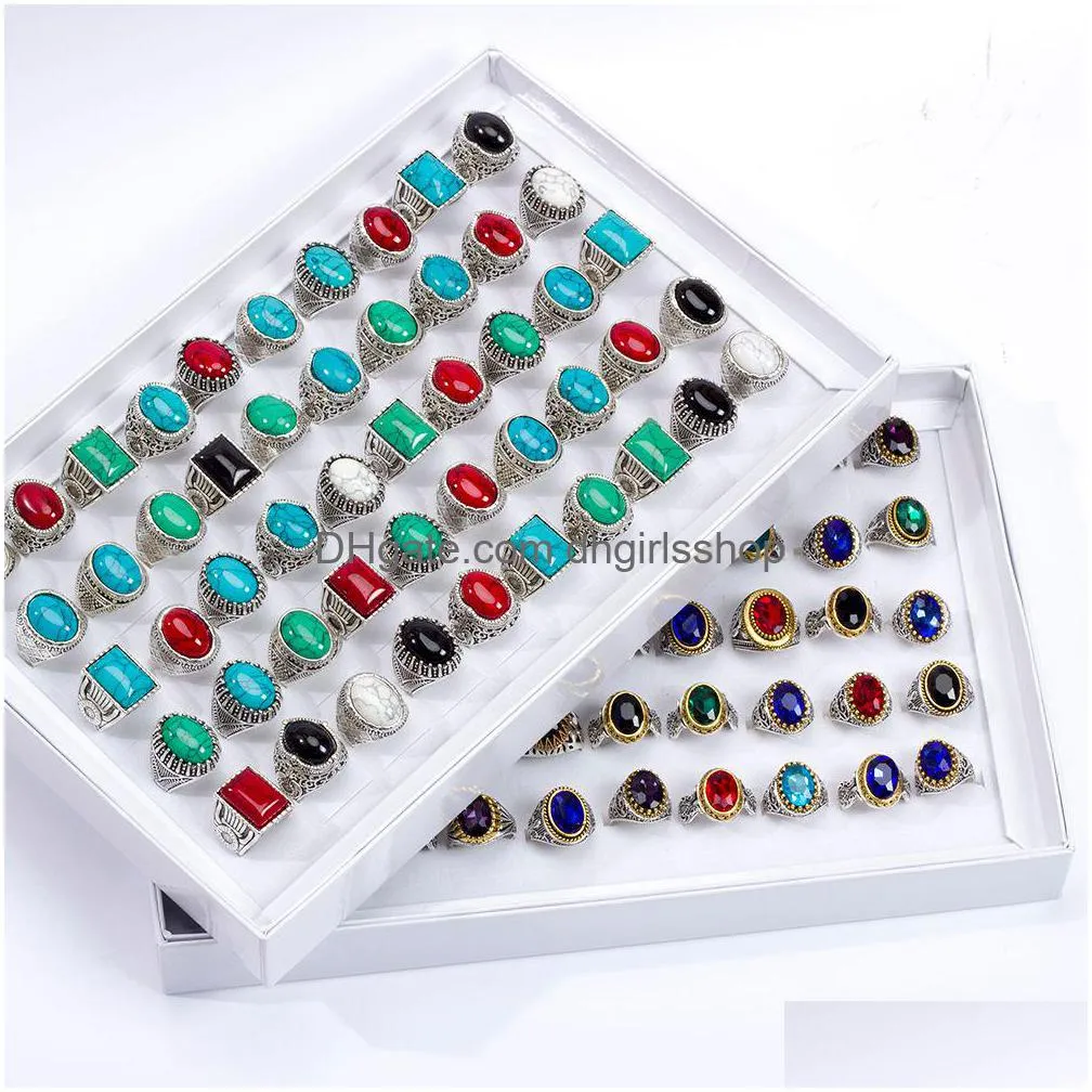 Band Rings Bk 20Pcs/Lot Mens Womens Vintage Metal Glass Turquoise Stone For Party Gift Wholesale Jewelry Drop Delivery Ring Otos3