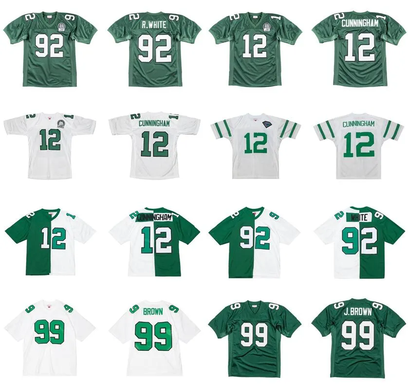 Maillot de football cousu 12 Randall Cunningham 92 Reggie White 99 Jerome Brown 1990 vert Maillots de rugby rétro Mitchell Ness Hommes femmes jeunes S-6XL