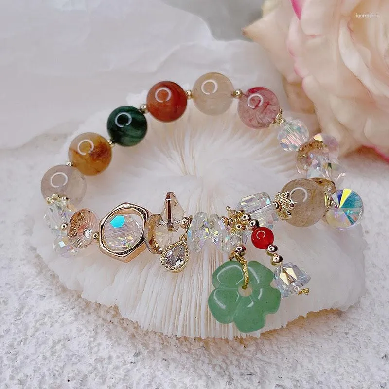 Bracelets à breloques Bracelet en cristal de jade de style féerique avec perle florale décorative bonne chance bijoux cadeau pour maman grand-mère IK-5-59H