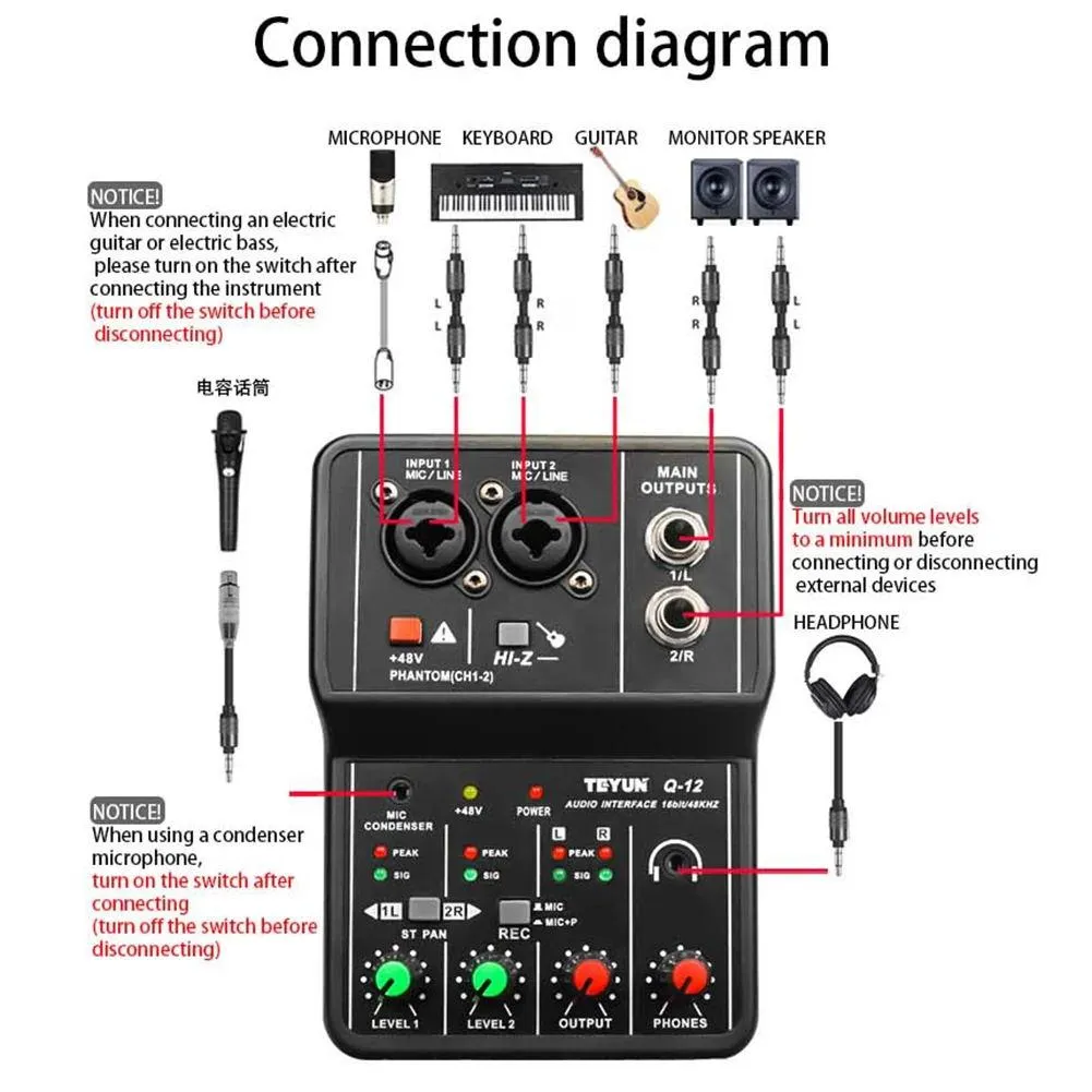 Gitaar Teyun Q12 universele professionele audio-interface geluidskaart met monitoring, elektrische gitaar live opname geluidskaart