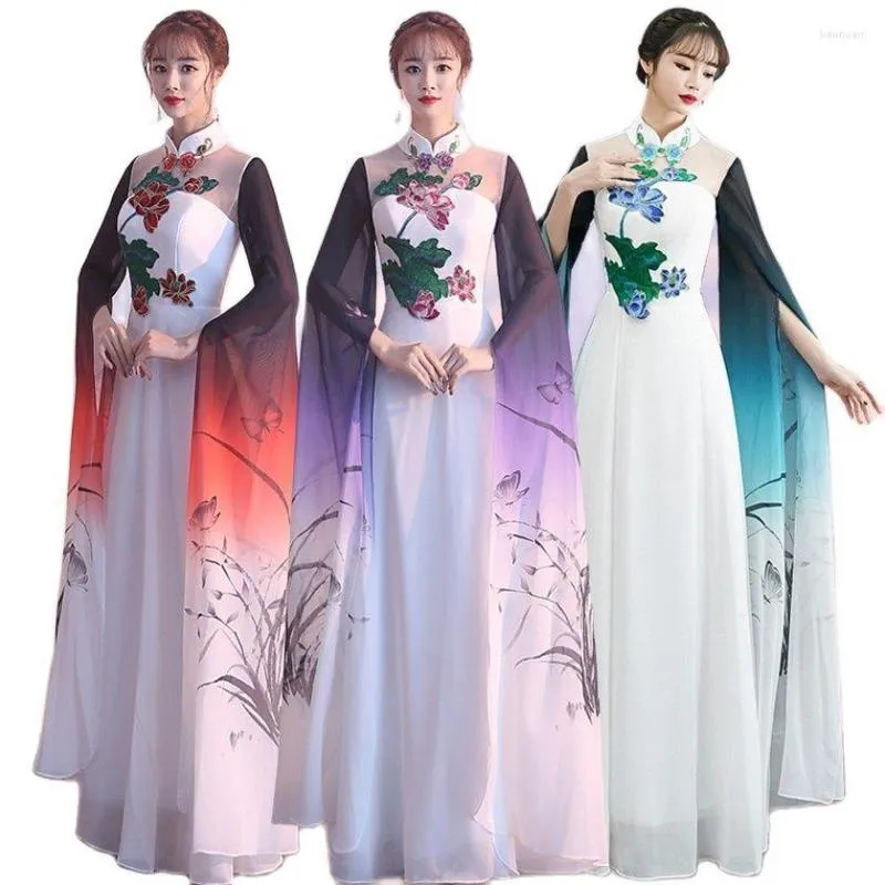 Stage Wear Long Sleeve Women Dance Costume Female Fairy Dress Chinese Classical Dancer Cheongsam Vestido Performance