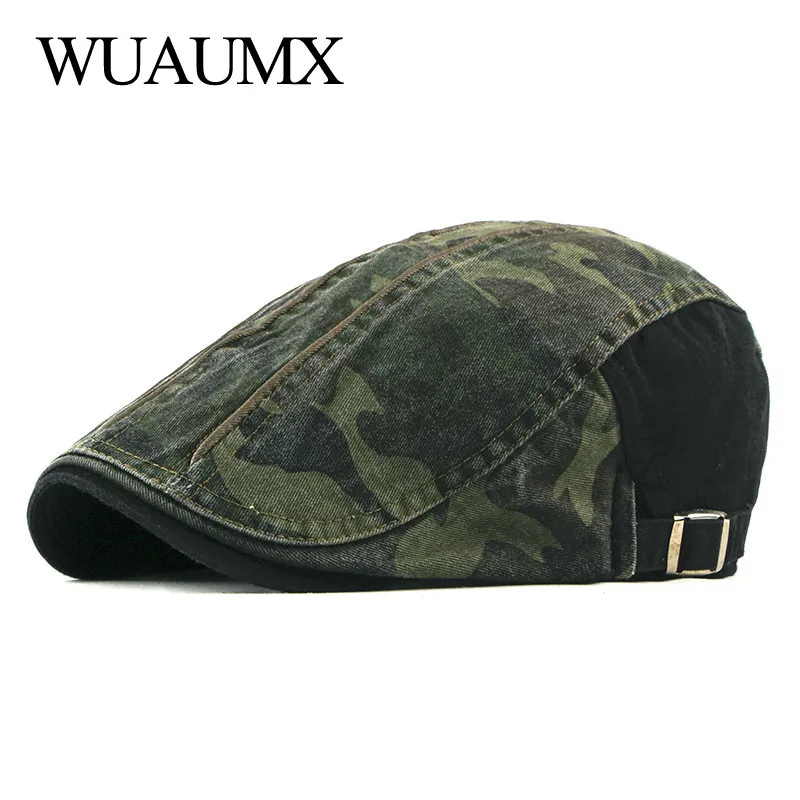 Wuaumx Primavera Outono Camuflagem Boinas Chapéus Homens Mulheres Espinha de Peixe Bonés Algodão Lavado Newsboy Cap Cabbie Ivy Flat Hat Ajustável