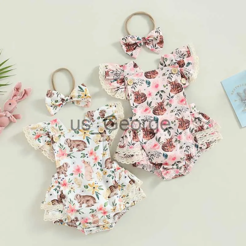 Conjuntos de roupas lindo verão recém-nascido bebê meninas páscoa macacão roupas coelho estampa floral renda babados macacões bandana roupas casuais j230630