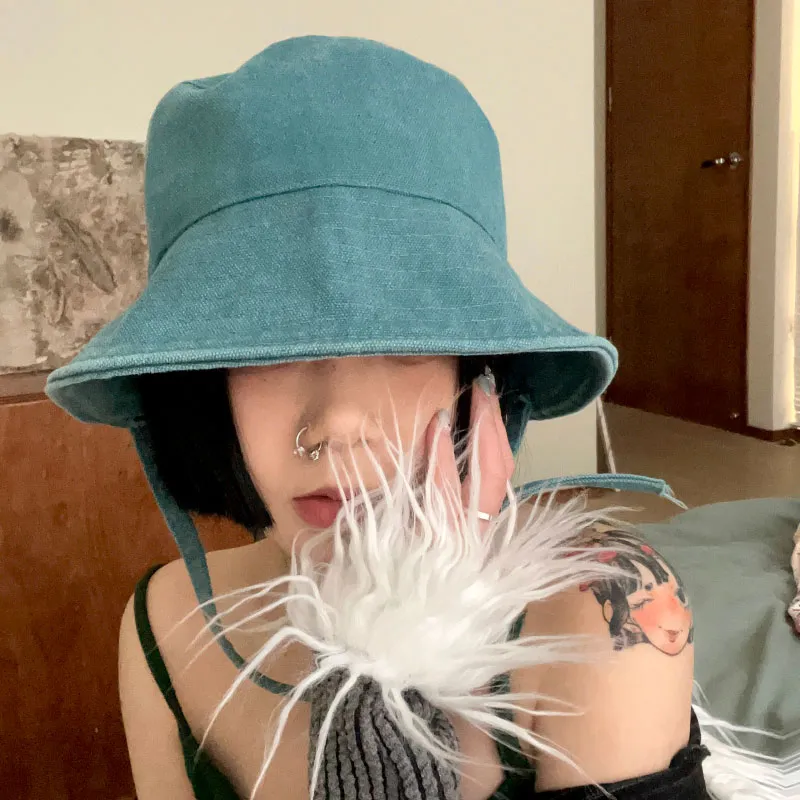 Kore Yeni Çok Yönlü Yıkanmış Pamuklu Bağcıklı Kova Şapka Güneş Koruma Loli Sevimli Havza Şapka Kadın Kot Balıkçı Kap Gorras