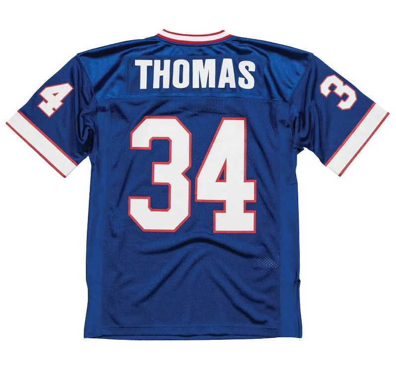 스티치 풋볼 저지 34 Thurman Thomas 1990 메쉬 레트로 럭비 유니폼 남성 여자 청소년 S-6XL