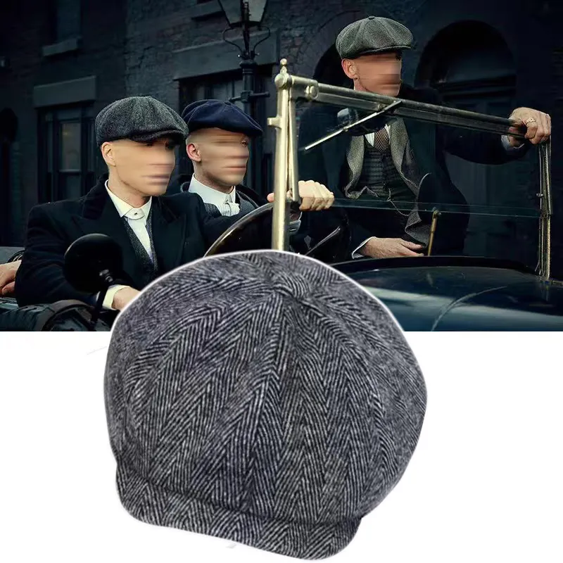 Berretto da uomo in tweed da strillone Berretto a spina di pesce Cappelli Gatsby Cappellini da strada Ottagonale con visiera con berretti a tesa Inverno Primavera Berretti Hip Hop