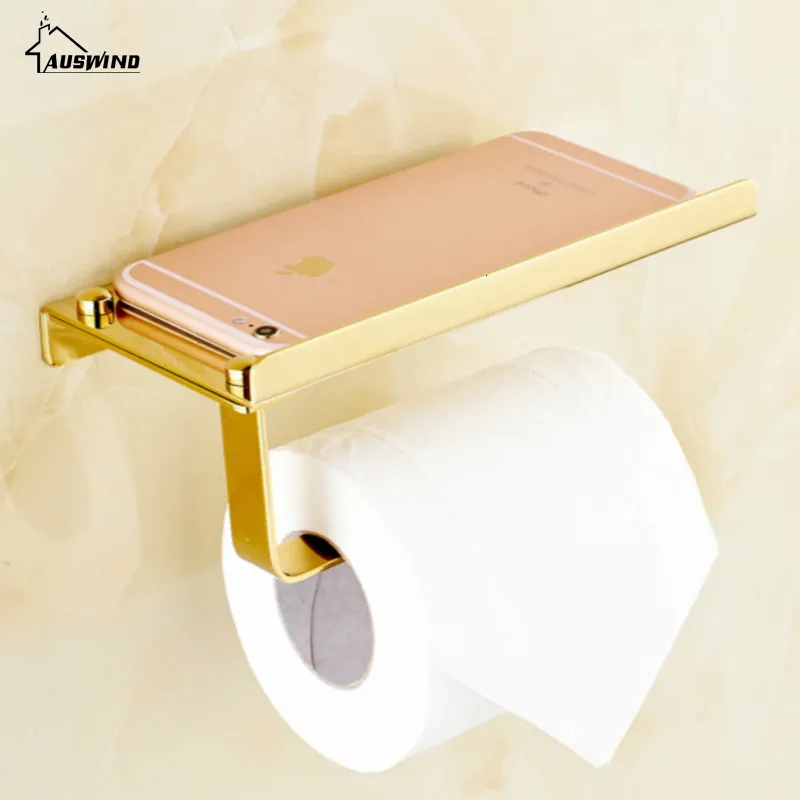 Porte-papier hygiénique Porte-papier hygiénique en acier inoxydable Porte-papier de soie doré européen résistant avec support pour téléphone portable Finition chromée Ensemble de bain 230629