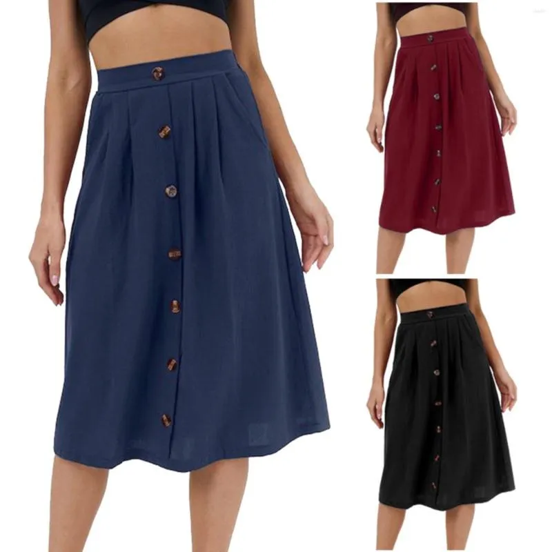 Skirts 2023 Women Casual Cotton Linen Midi Loose Frill Tie Waist A Line Skirt With Pockets All-matched Solid Boho