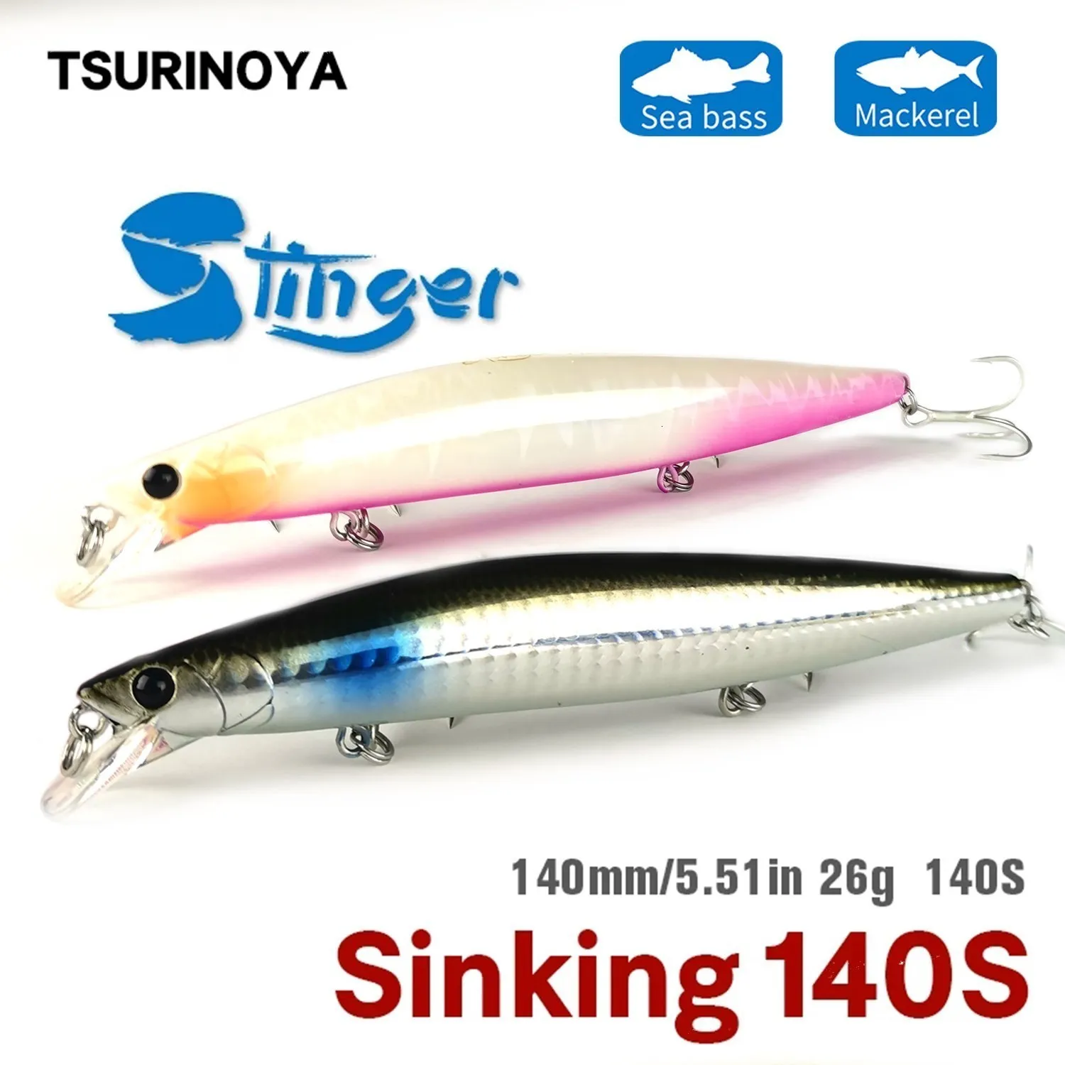 Fiske tillbehör tsurinoya 26g 140mm sjunkande minnow dw92 140 -tal saltvatten lång gjutning hårda betar volframvikt Sea Bass Pike Lure 230629