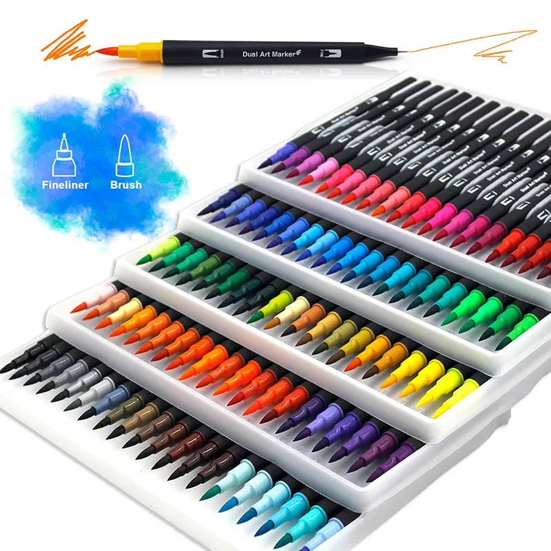 Markers Aquarel Art Markers Brush Pen Dual Tip Fineliner Tekening voor Kalligrafie Schilderen 72 Kleuren Set Art Supplies 230629