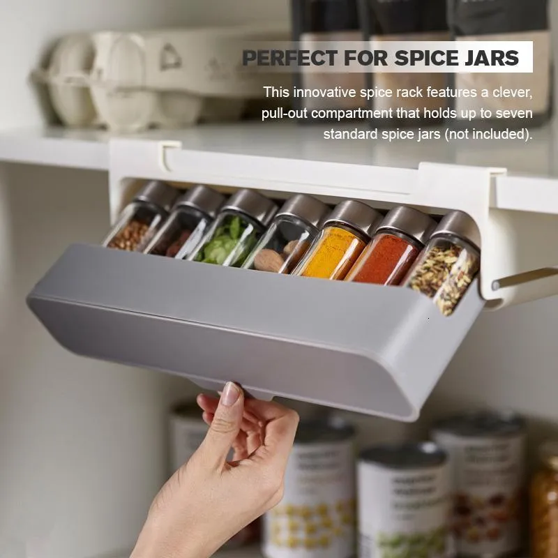 Storage Holders Racks Home Kitchen Self-adhesive Wall-mounted Under-Shelf Spice Organizer Spice Bottle Storage Rack Kitchen Supplies Storage In Stock 230629