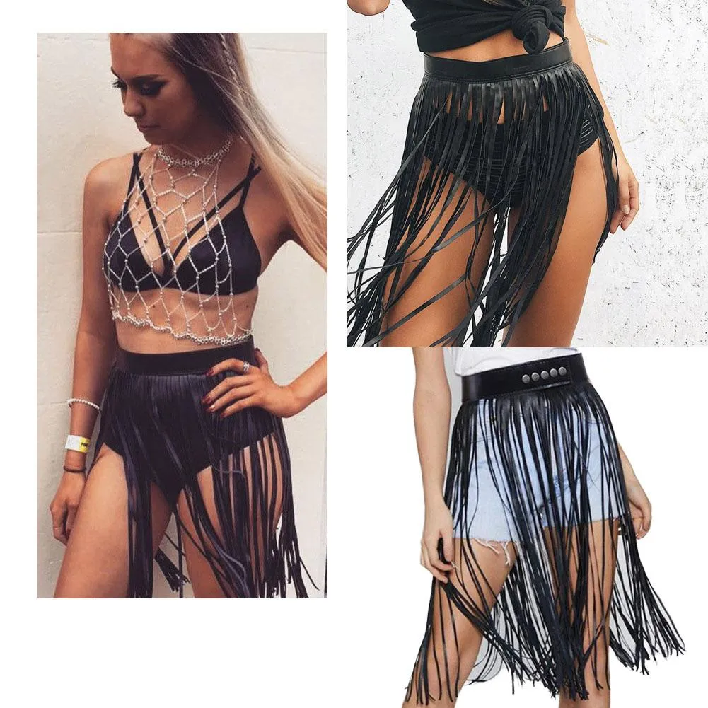 Dresses Fashion Pu Dress Faux Leather Metal Rivet Crop Tassel Skirts Sexy Punk Party for Women Dance Imitation Leather Skirt