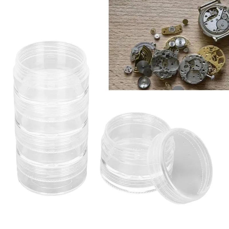 Kits de reparo de relógios Caixa de armazenamento de peças de 5 camadas para acessórios de peças de movimento de parafuso Porta-caixa Recipiente acrílico transparente