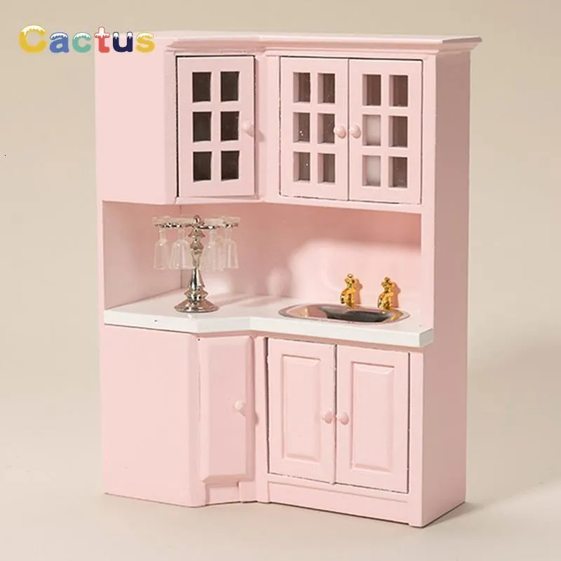 Doll House Accessories 1 12 Dollhouse Miniature Wooden Furniture Pink Kitchen Counter Dolls House Accessories Kids Toys Gift 230629