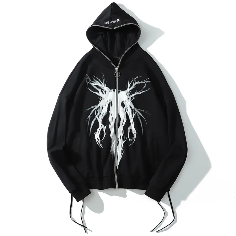 Mens Punk Graphic Hoodie: Zip-Up Oversized Sweatshirt with