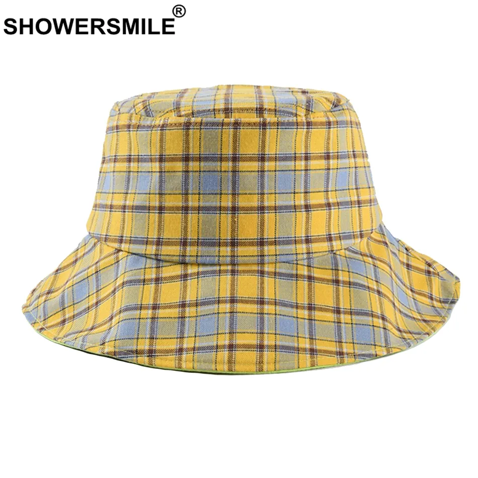 SHOWERSMILE Chapéu de balde xadrez masculino verão chapéu de balde amarelo feminino chapéu de pesca de algodão coreano retrô proteção solar boné unissex