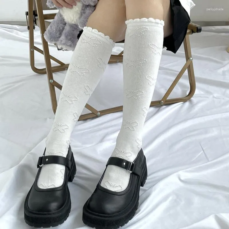 Calzini Donna Dolce Cotone Lolita Bianco Ginocchio Alto Donna JK Farfalla Calze Lunghe Gamba Streetwear Abito Calcetine Mujer