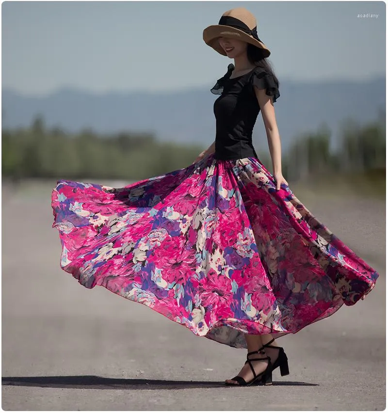 Skirts Super Big A-line Women's Maxi Long Skirt Florals Printed Lady's Vacation Bohemian Travel High Quality Feminine Clothes