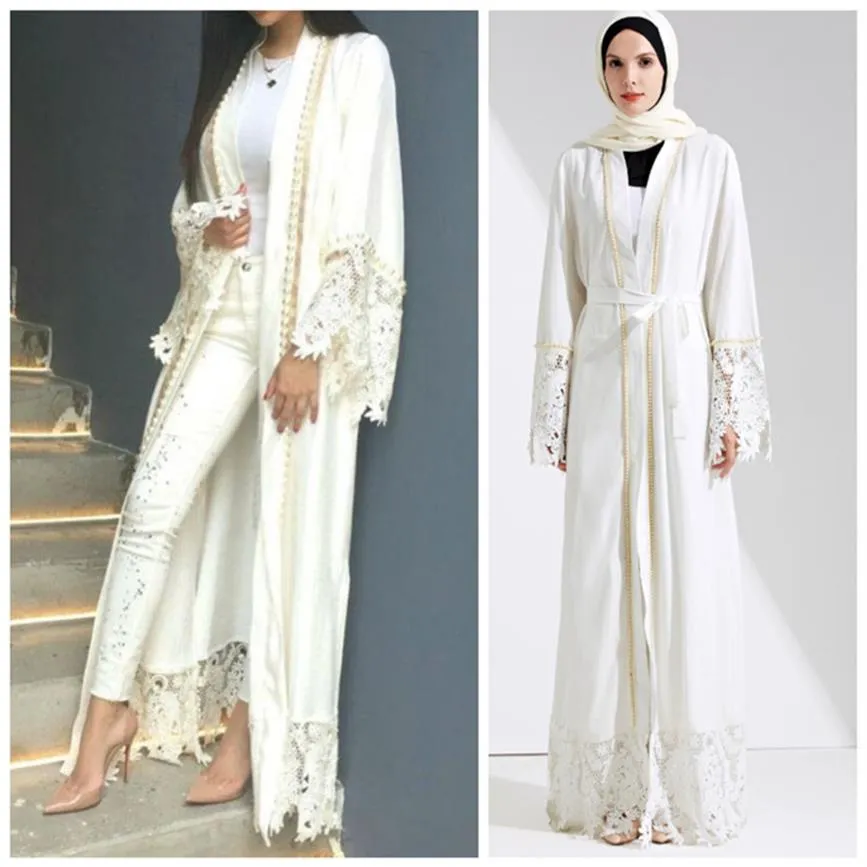 Muslim Spitze Maxi Kleid Abaya Stickerei Strickjacke Perle Lange Roben Tunika Kimono Jubah Nahen Osten Ramadan Arabische Islamische Kleidung237u