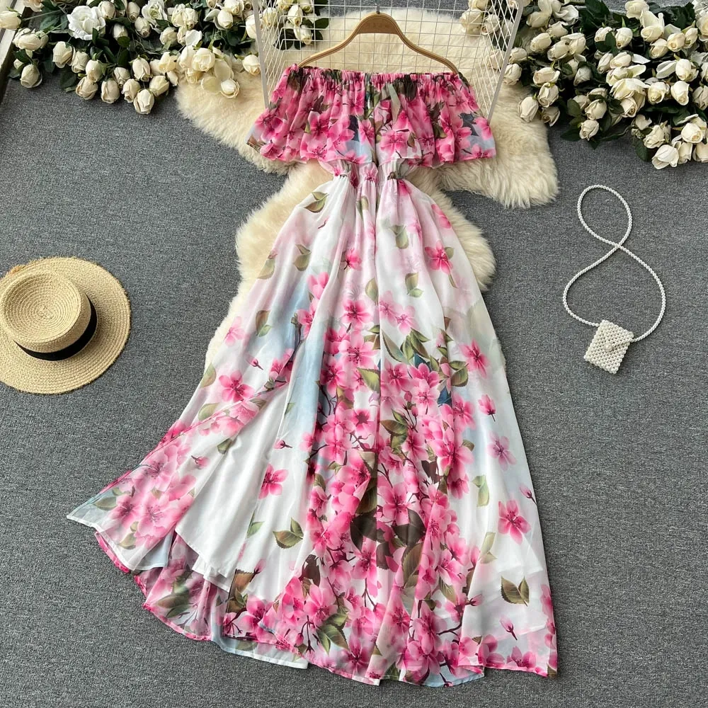 Summer Chiffon Maxi Dress Style, Ruffle One-Shoulder, Printed Beach  Dress, Flowy Swing Skirt, Thigh-High Slit