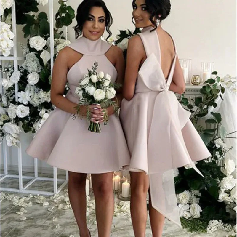 Fancy Jewel Sleeveless Short Pink Bridesmaid Dresses with Bow Knot wedding guest dress short prom dress