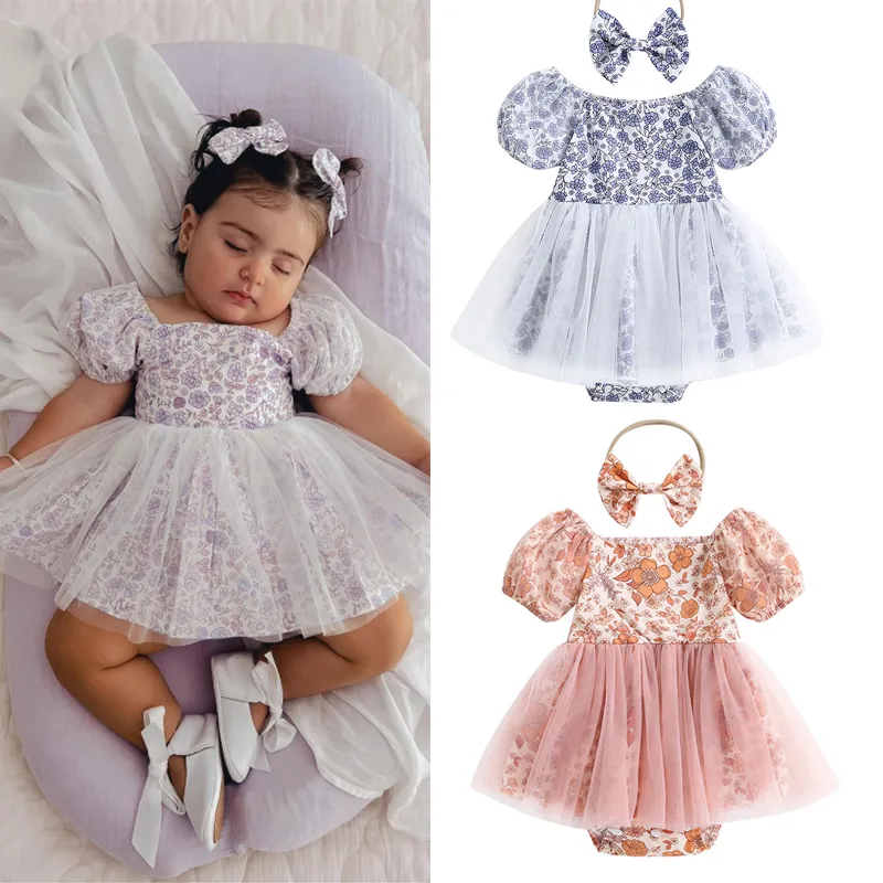 Rompers FOCUSNORM Princess Baby Girls Romper Dress 2pcs Flower Print Off Shoulder Short Puff Sleeve Lace Patchwork Jumpsuit 230630