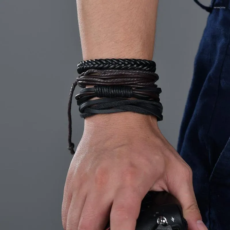 Braccialetti con ciondoli Set da 4 pezzi Vintage Fashion Black Wrap Woven Men Leather Women Charms Handmade Hip Hop Bangle Accessori regalo di gioielli