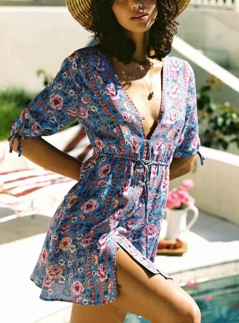 Sukienki imprezowe Happie Queens Kobiety kwiatowy nadruk koronkowy plażę bohemian mini sundress panie na guziki szyi letnie boho sukienka vestidos