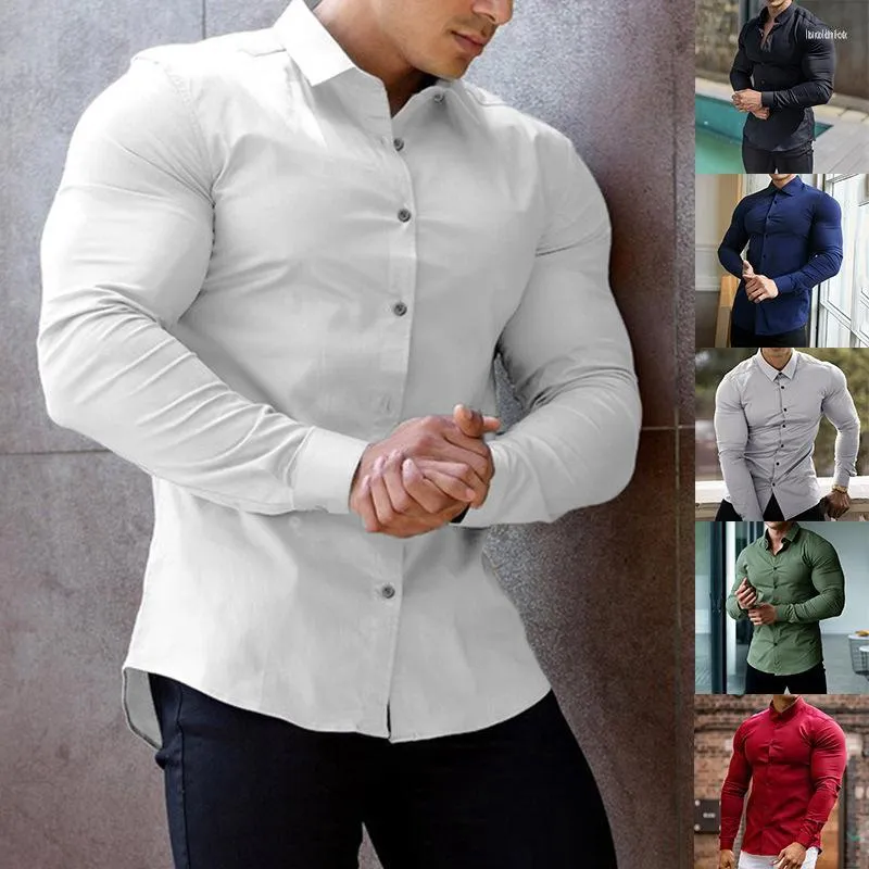 Camicie eleganti da uomo Camicia da uomo muscolare sottile da uomo Manica lunga Solido Moda Casual Business Abbigliamento formale Primavera Autunno Abbigliamento da uomo