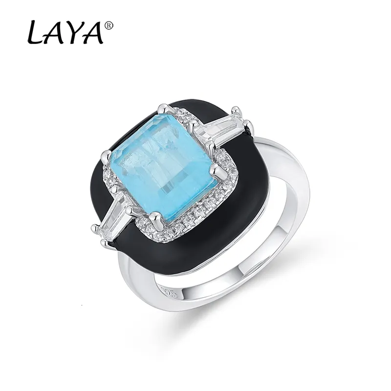 With Side Stones LAYA 925 Sterling Silver Fashion Shining Zircon Natural Blue Stone Black Enamel Square Ring For Women Gift Fashion Fine Jewelry 230629